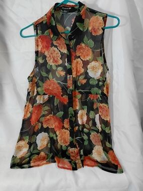 Forever 21 Black Sheer Floral Button-Up Top with Orange & Cream Roses